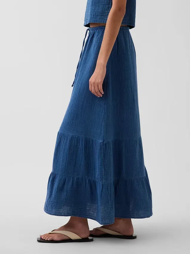 Cotton Gauze Denim Tiered Easy Maxi Skirt