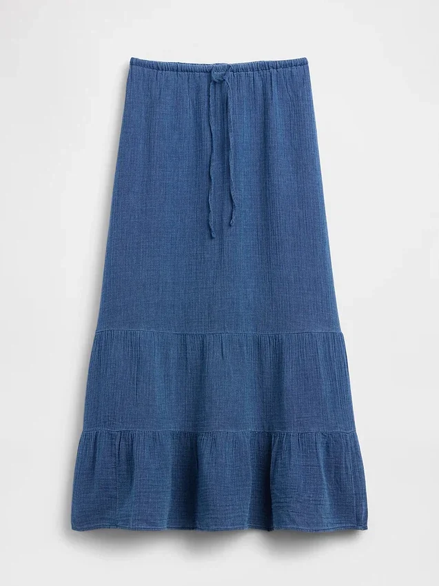 Cotton Gauze Denim Tiered Easy Maxi Skirt