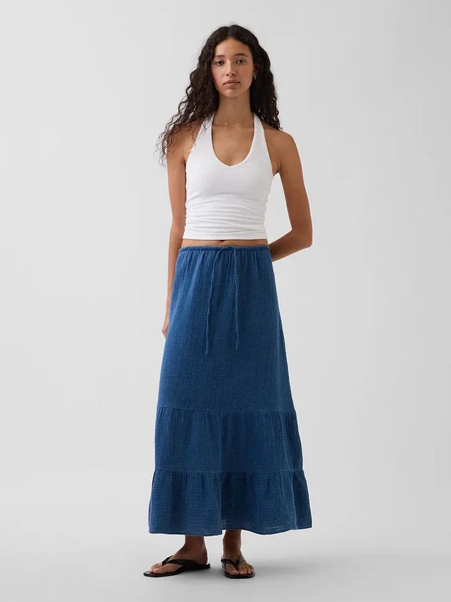 Cotton Gauze Denim Tiered Easy Maxi Skirt