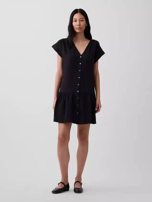 Cotton Gauze Drop-Waist Shirtdress