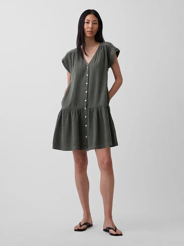 Cotton Gauze Drop-Waist Shirtdress
