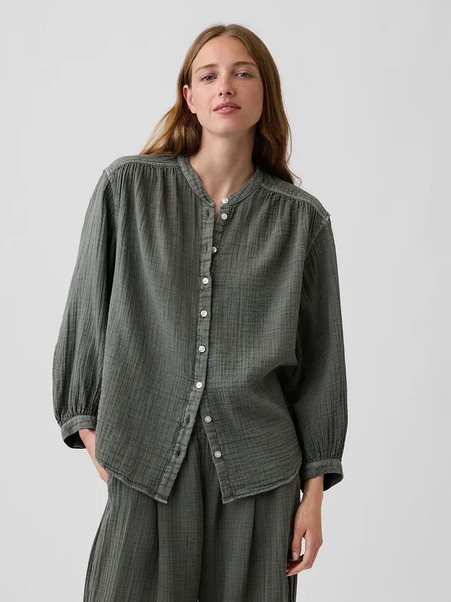 Cotton Gauze Oversized Collarless Shirt