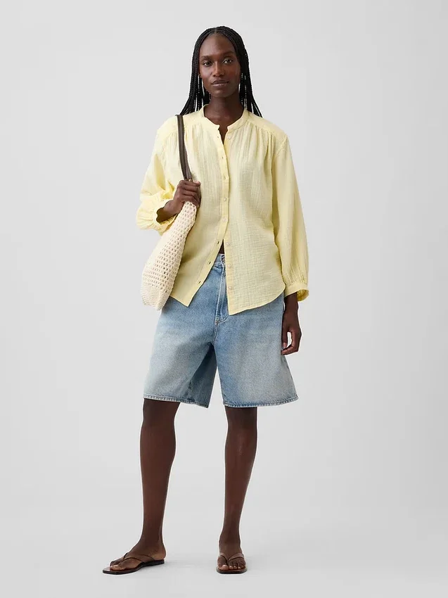 Cotton Gauze Oversized Collarless Shirt