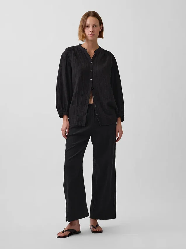 Cotton Gauze Oversized Collarless Shirt