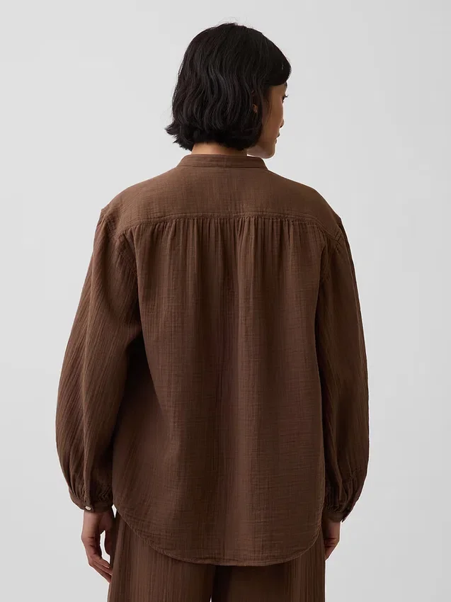 Cotton Gauze Oversized Collarless Shirt