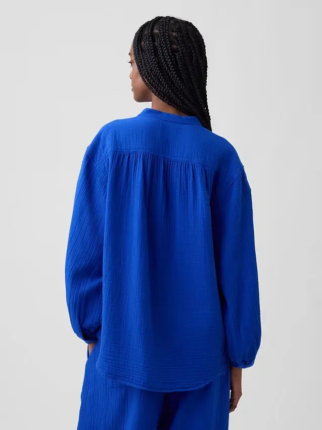 Cotton Gauze Oversized Collarless Shirt