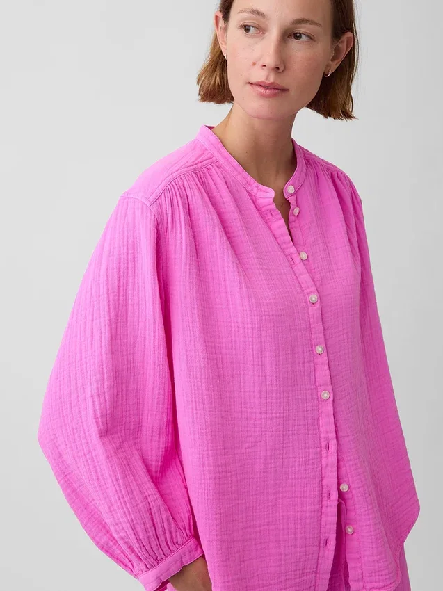 Cotton Gauze Oversized Collarless Shirt
