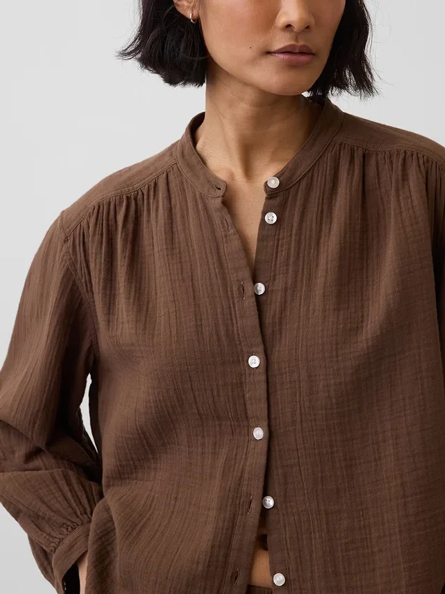 Cotton Gauze Oversized Collarless Shirt