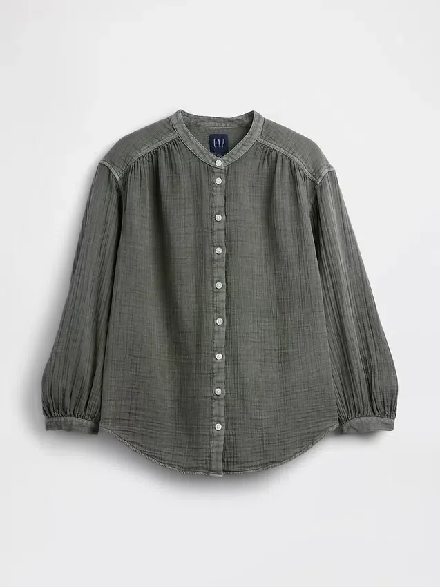 Cotton Gauze Oversized Collarless Shirt