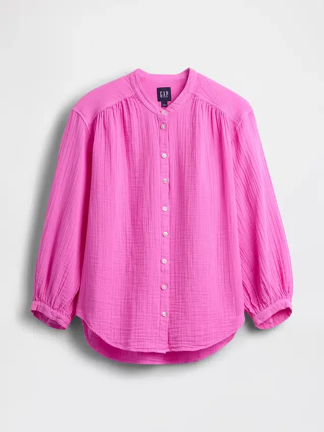 Cotton Gauze Oversized Collarless Shirt