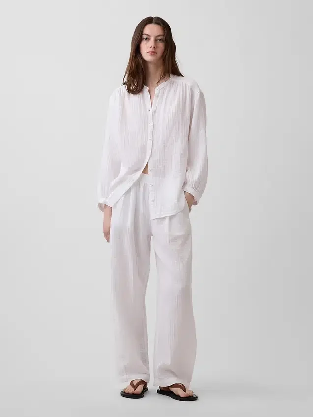 Cotton Gauze Oversized Collarless Shirt