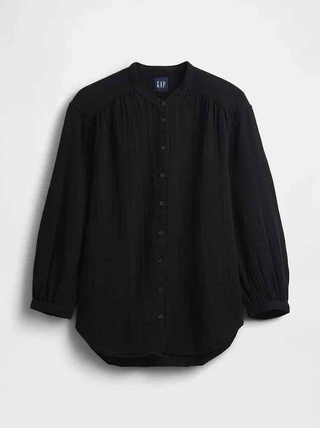 Cotton Gauze Oversized Collarless Shirt