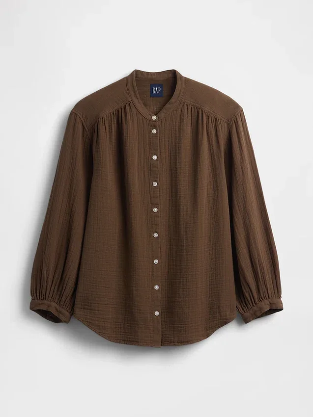 Cotton Gauze Oversized Collarless Shirt