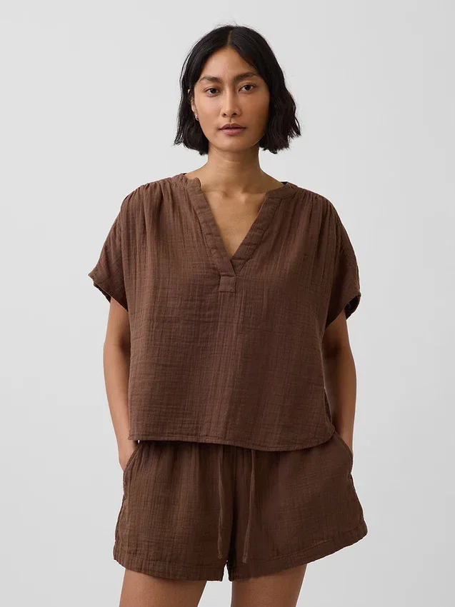 Cotton Gauze Oversized Split-Neck Top