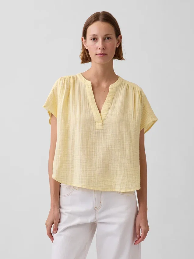 Cotton Gauze Oversized Split-Neck Top