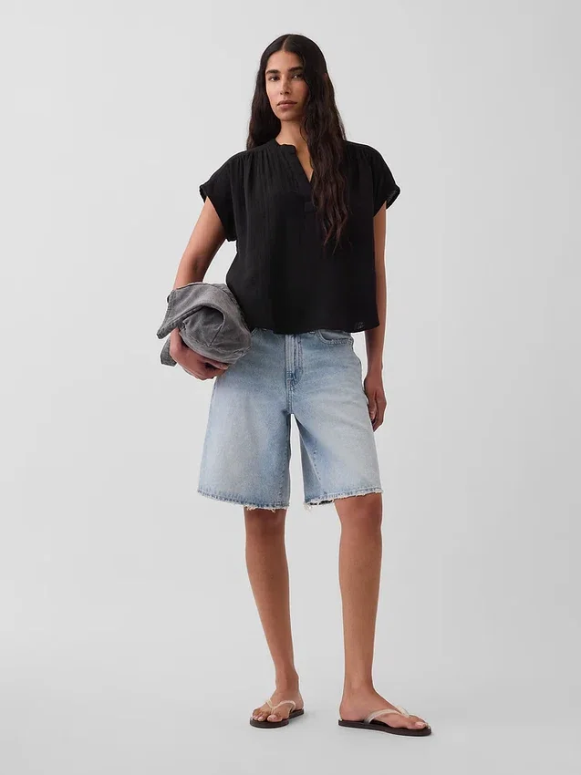Cotton Gauze Oversized Split-Neck Top