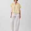 Cotton Gauze Oversized Split-Neck Top