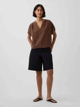 Cotton Gauze Oversized Split-Neck Top
