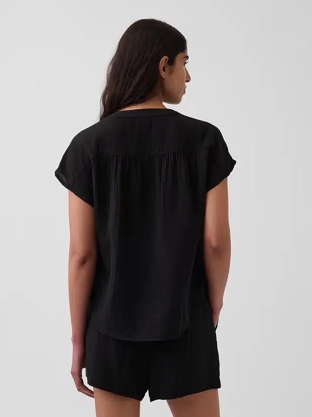 Cotton Gauze Oversized Split-Neck Top