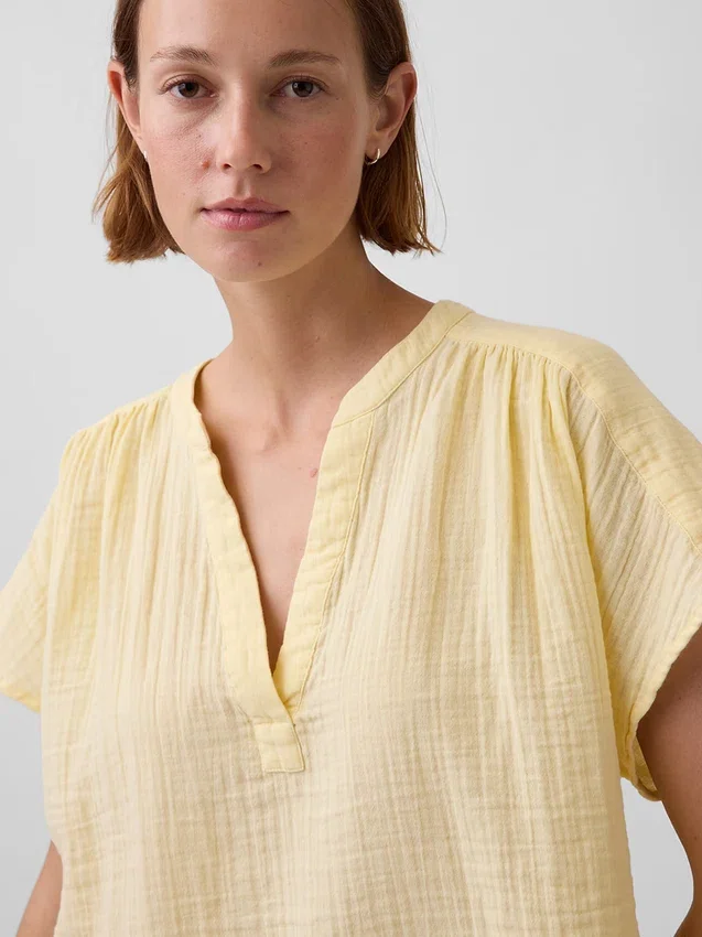 Cotton Gauze Oversized Split-Neck Top
