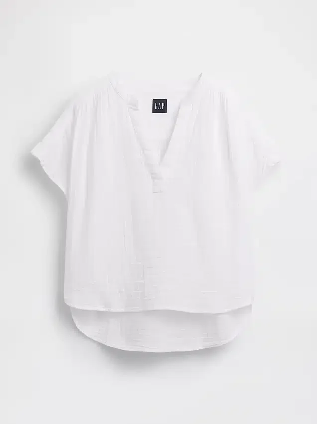 Cotton Gauze Oversized Split-Neck Top