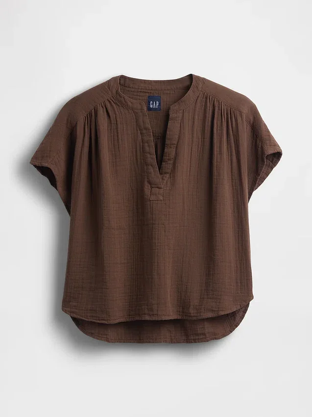 Cotton Gauze Oversized Split-Neck Top