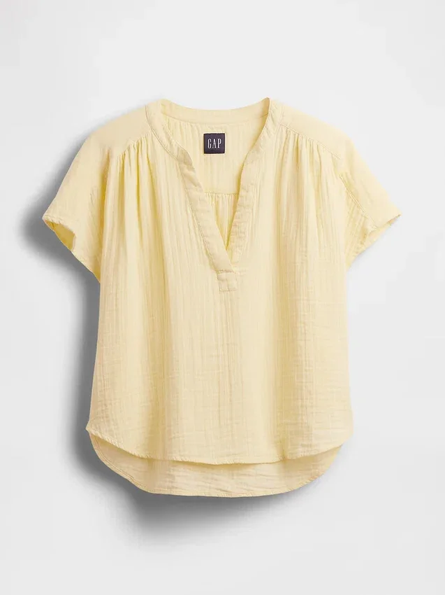 Cotton Gauze Oversized Split-Neck Top
