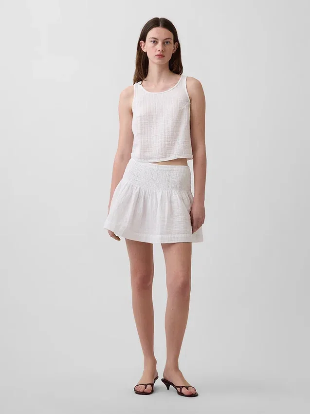 Cotton Gauze Smocked-Waist Mini Skort