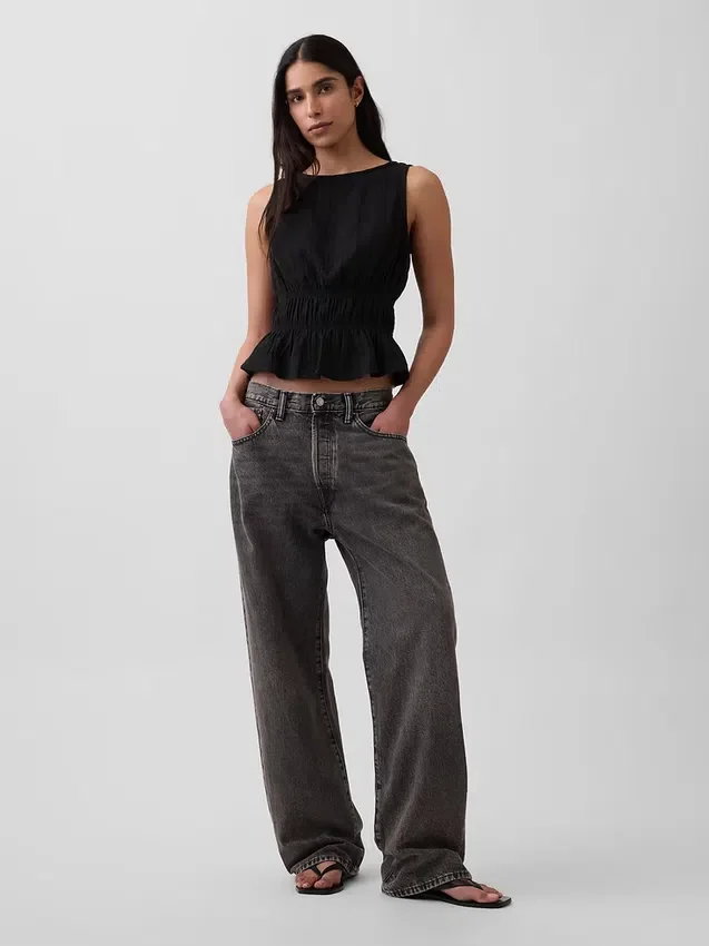 Cotton Gauze Smocked-Waist Peplum Top