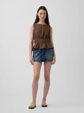 Cotton Gauze Smocked-Waist Peplum Top