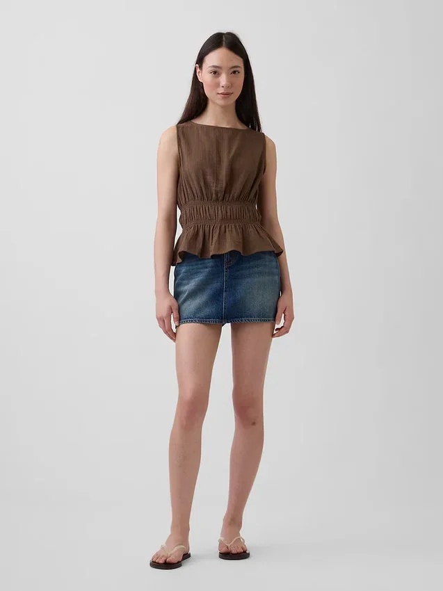Cotton Gauze Smocked-Waist Peplum Top
