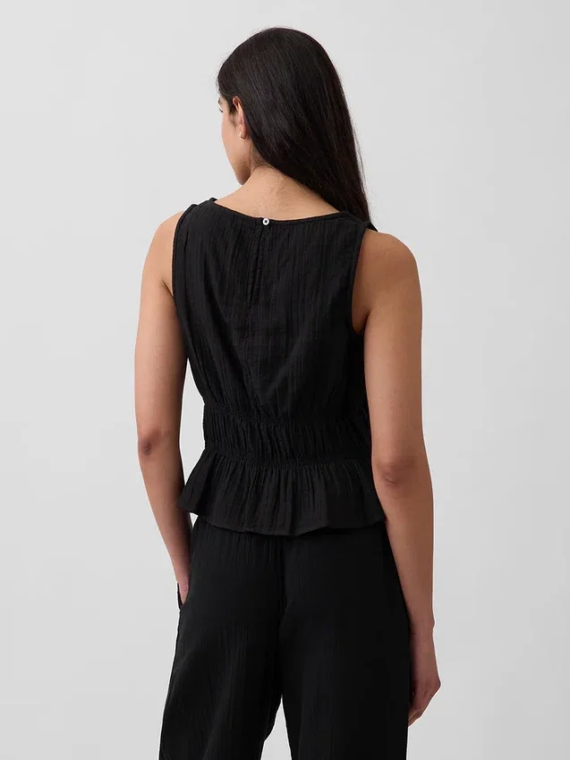 Cotton Gauze Smocked-Waist Peplum Top