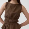 Cotton Gauze Smocked-Waist Peplum Top