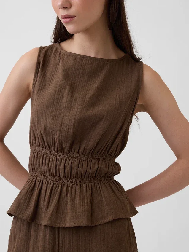 Cotton Gauze Smocked-Waist Peplum Top