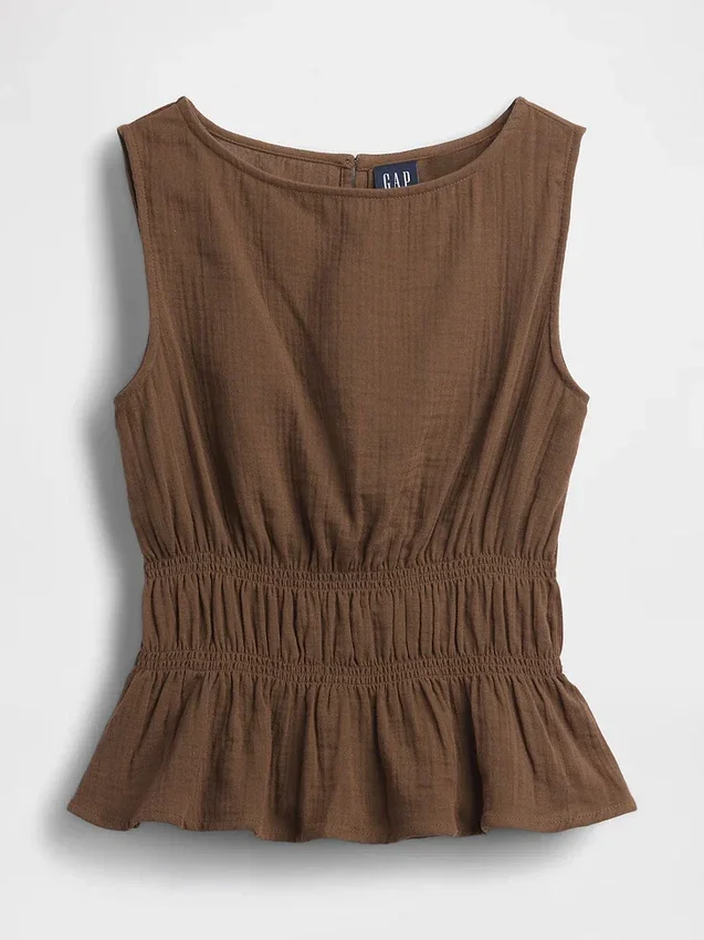 Cotton Gauze Smocked-Waist Peplum Top