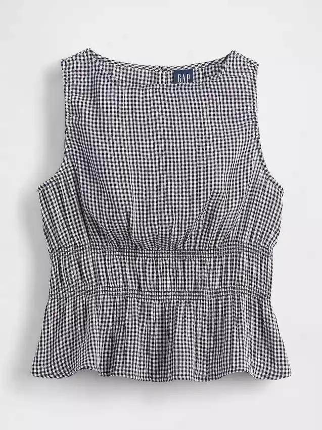 Cotton Gauze Smocked-Waist Peplum Top