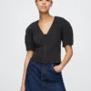 Denim Barrel-Sleeve Crop Shirt