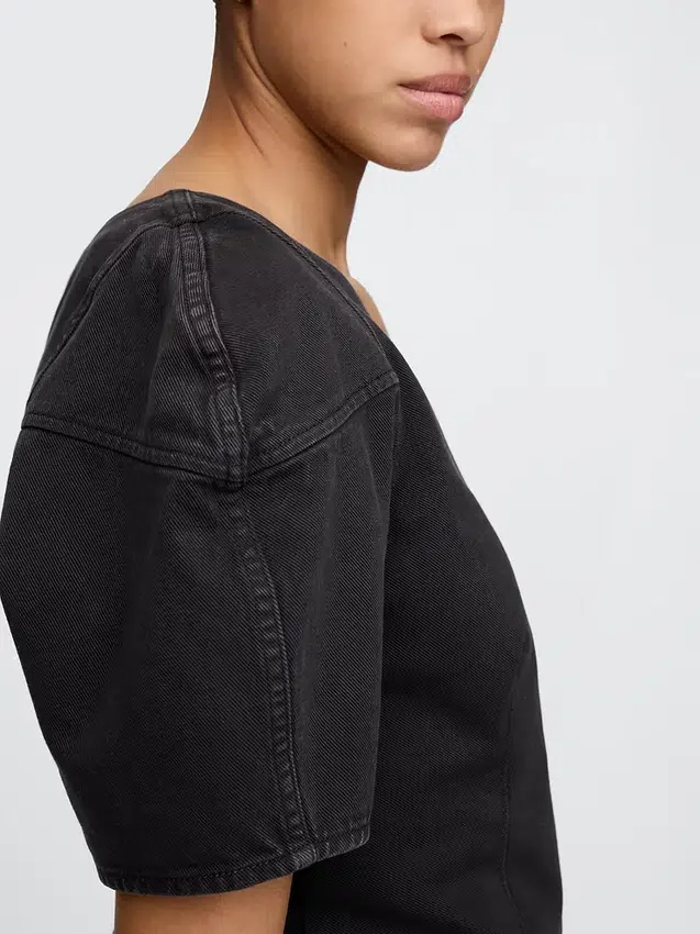 Denim Barrel-Sleeve Crop Shirt
