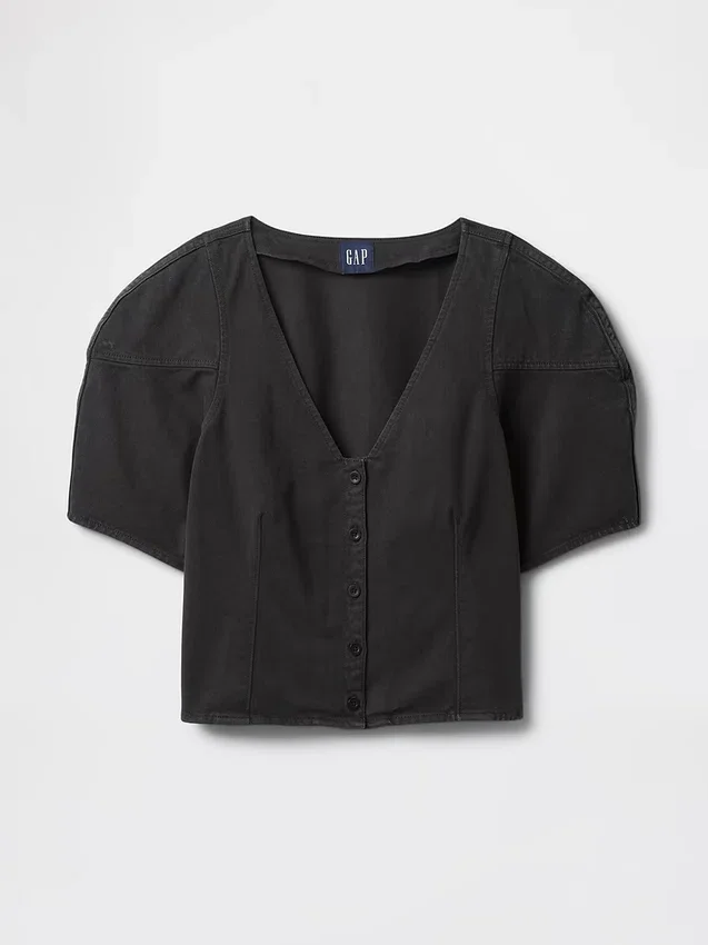 Denim Barrel-Sleeve Crop Shirt