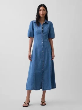 Denim Barrel-Sleeve Midi Shirtdress