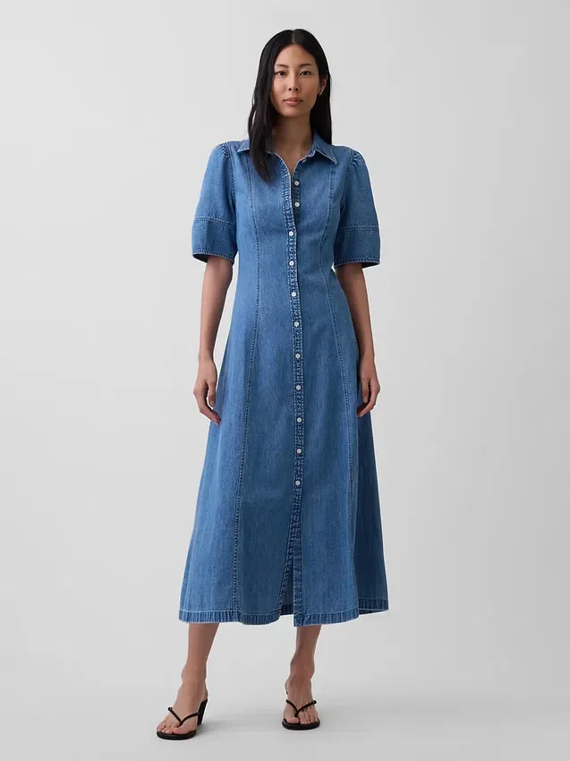 Denim Barrel-Sleeve Midi Shirtdress
