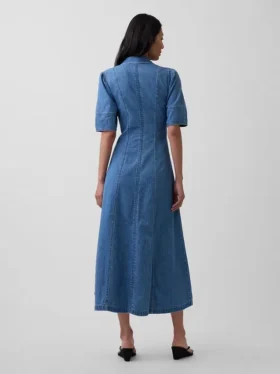 Denim Barrel-Sleeve Midi Shirtdress