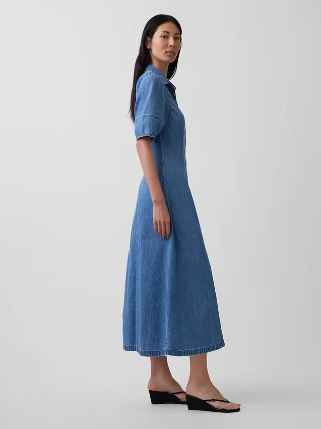 Denim Barrel-Sleeve Midi Shirtdress