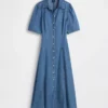 Denim Barrel-Sleeve Midi Shirtdress