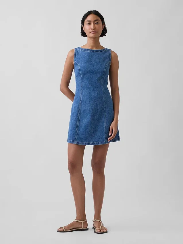 Denim Boatneck Open-Back Mini Dress
