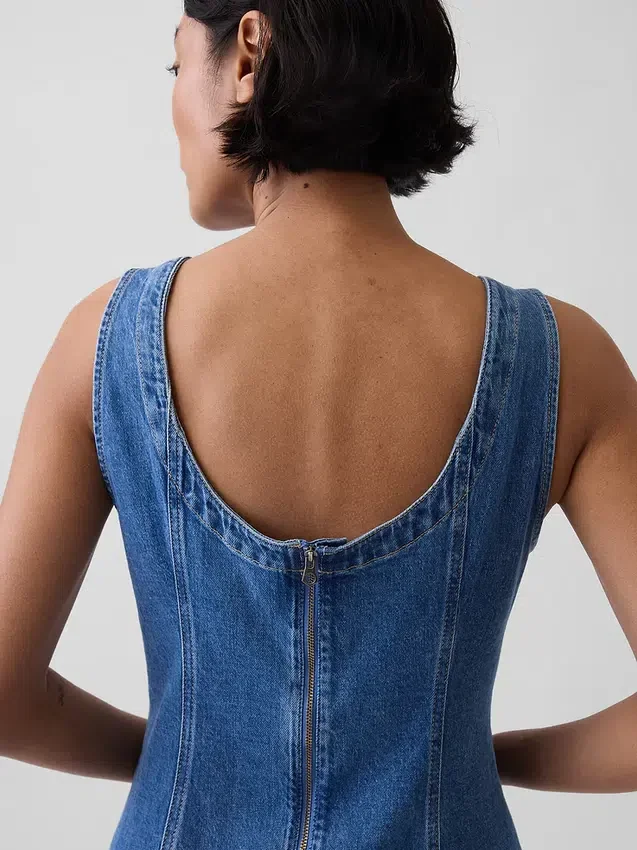 Denim Boatneck Open-Back Mini Dress