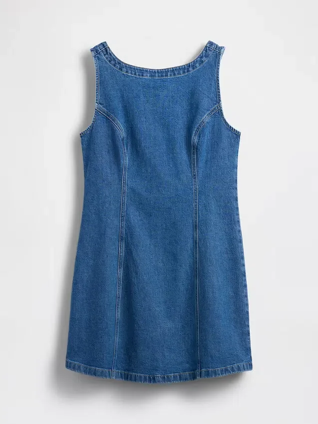Denim Boatneck Open-Back Mini Dress
