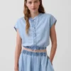 Denim Cap-Sleeve Crop Button-Front Top
