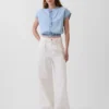 Denim Cap-Sleeve Crop Button-Front Top