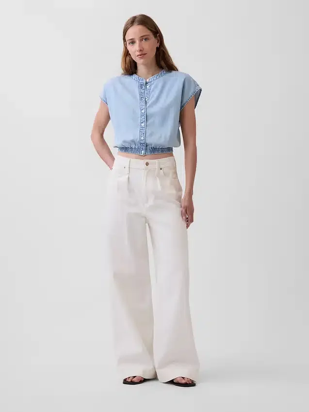 Denim Cap-Sleeve Crop Button-Front Top